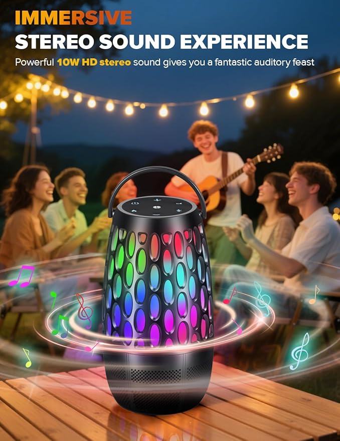 Upgraded Outdoor Speakers with Flame & RGB Lights, 10W HD Stereo, Bluetooth 5.3 Auto-Pairing, Multi-Sync 100+ Speakers, IPX6 Waterproof, Perfect for Patio, Pool, Party | Gifts for Men & Women(1Pack)