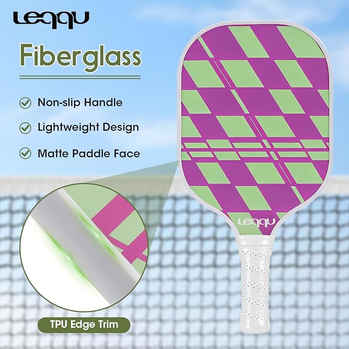 Fiberglass Pickleball Paddles Set of 2, Lightweight Pickle Ball Rackets Kit with Honeycomb Core Control Durable, 4 Outdoor Indoor Balls and Carrying Bag for Men Women