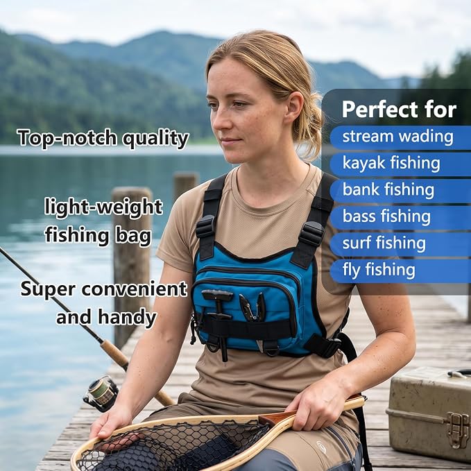 All in One Fishing Chest Pack Tackle Bag with Tackle Box, Fishing Lures Kit | Hook Remover Tool, Fish Lip Gripper, Fishing Plier Friendly for Beginners & Professional Anglers Gifts for Men (Blue)
