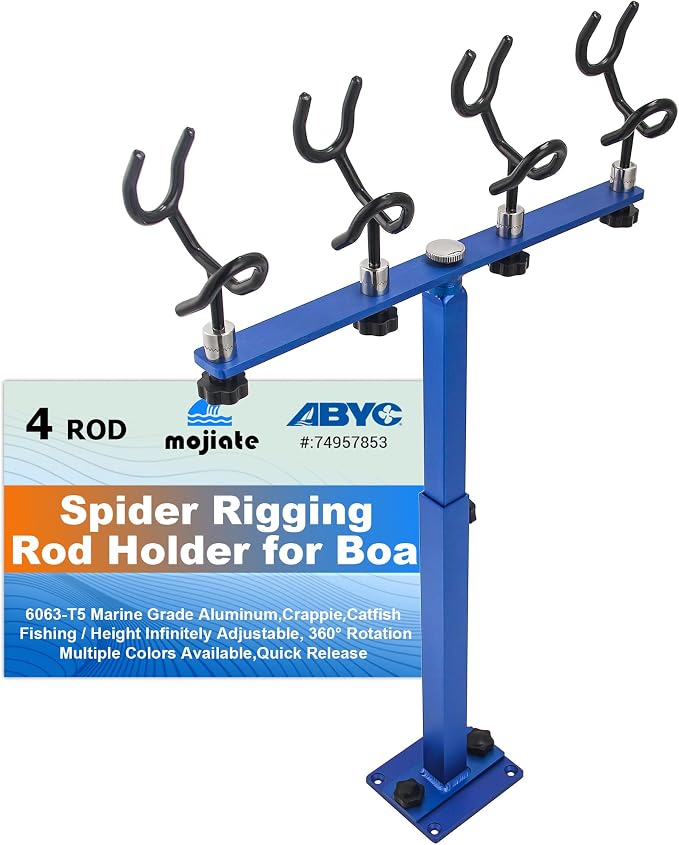 Aluminum Spider Rigging Rod Holder for Boat - 4 Pole Crappie Fishing Rack, Heavy Duty 6063-T5 Marine Grade Aluminum, 16.5"-30.5" Adjustable Height Square Tube Support for Catfish & Trolling