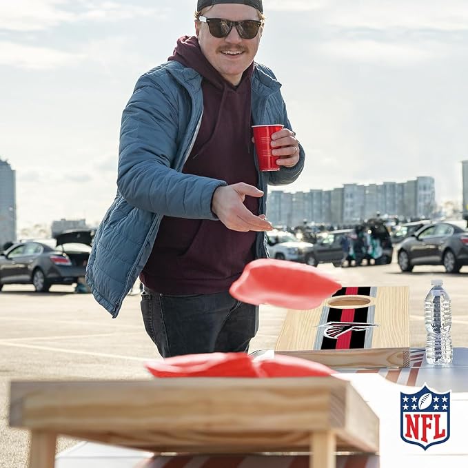 NFL Football Portable Size 1' x 2' Solid Wood Cornhole Set with Direct Print HD Team Graphics – Travel Size