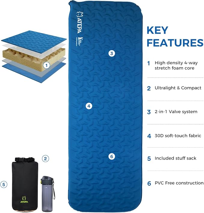 ATEPA Ultralight Self Inflating Sleeping Pad for Backpacking, 1.65lbs Compact 3-Season Camping Mat with R-Value 2.3, 1.2" Thick Insulated Foam Pad for Hiking, Trekking & Mountaineering - Blue