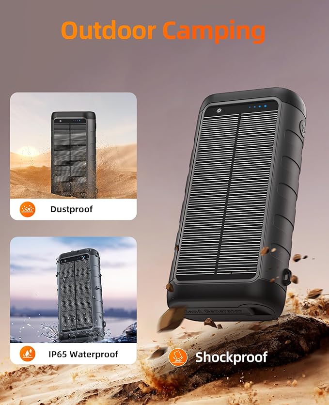 Solar Charger Power Bank 59800mAh, 15W Wireless Charging Compatible with iPhone Samsung Apple Watch, Outdoor Battery Pack, 3 Built in Cables & Hand Crank, Dual LED Flashlight for Camping Hiking Travel