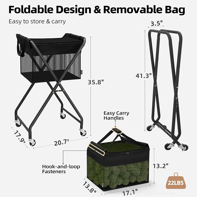 STORAGE MANIAC Foldable Tennis Ball Hopper Cart with Removable Ball Bag | Oxford & PVC Liner with Steel Frame, Holds 150 Balls, Portable Rolling Pickleball Training Cart, 20.7"L x 17.9"W x 35.8"H
