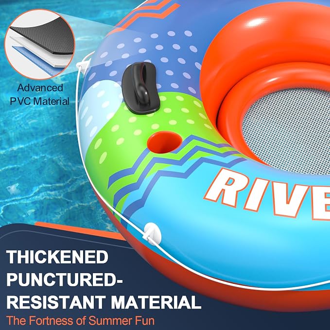 Inflatable River Tube Float, 2 Person Heavy Duty River Pool Floats Adults with 2 Cup Holders Premium Lake Water Tubes for Floating, Outdoor River Raft Sport Fun