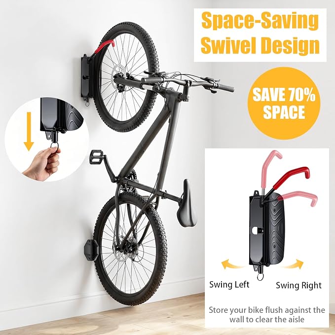 Favoto Swivel Bike Wall Mount - Vertical Bike Rack for Garage & Indoor Storage, Heavy Duty Bicycle Hanger Holds 66 lbs, Space-Saving Wall Hook for MTB, Road & E-Bikes (1 Pack)