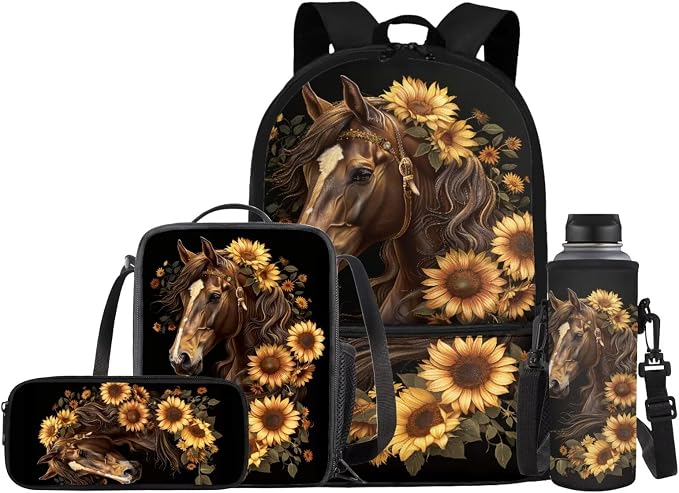 Sunflower Horse Backpack for Girls School Bag with Lunch Bag Pencil Case Water Bottle Holder Kids Bookbag 4 PCS Elementary Daypack Back to School Accessories