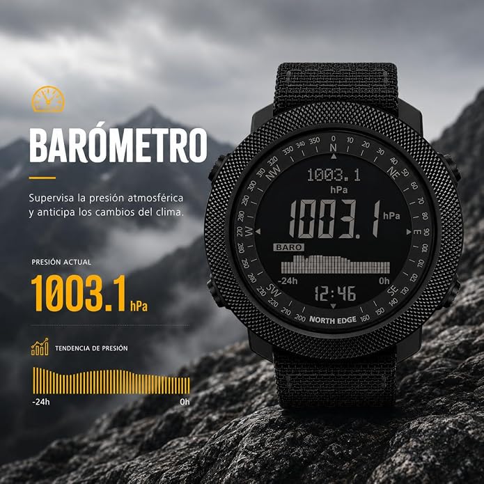 NORTH EDGE Apache Men’s Digital Tactical Watch, Outdoor Sports Watch with Compass, Altimeter, Barometer, Pedometer, Weather Trend, EL Backlight, 50M Water Resistant Hiking Watch