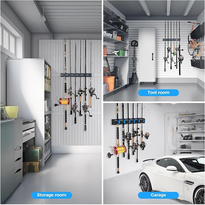 PLUSINNO Fishing Rod Holders - V6 Vertical Support for Extra Large & Heavy Fishing Rod Combos, Garage & Wall Mounted Rack Storage