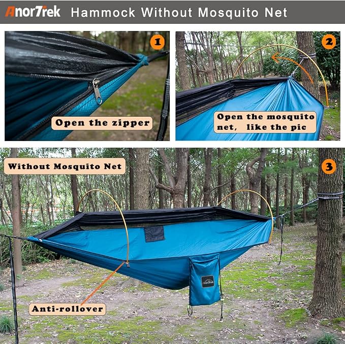 AnorTrek Professional Camping Hammock with Mosquito Net, Lightweight Portable Double Hammock with Two 10 FT Hammock Tree Straps, 230T Nylon Hammock for Camping, Hiking, Yard, Backpacking