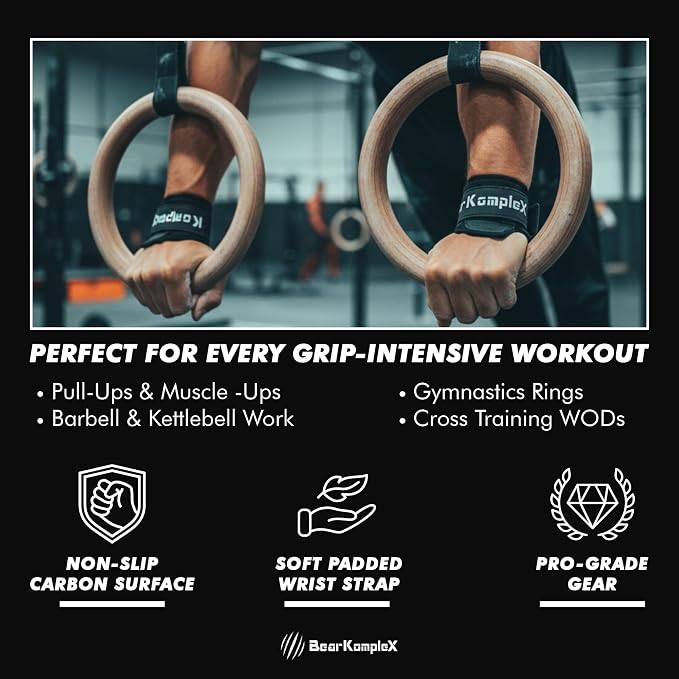 Bear KompleX No Hole Hand Grips - Non-Slip Fingerless Gymnastics Grips for Weight Lifting, Pull-ups & Cross Training | Lightweight, Padded Wrists & Foldable Grip.