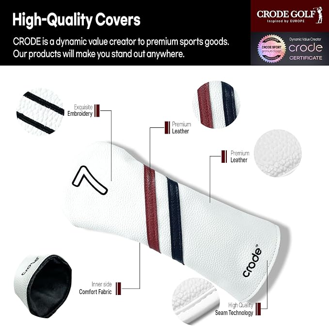 CRODE Golf Club Head Covers Premium Leather for Iron(9pcs/Set), Driver, Fairway Wood, Hybrid, Blade Putter, and Mallet Putter Cover Fit Most Brands