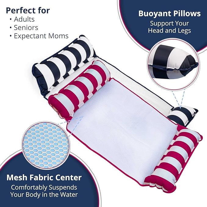 Aqua 4-in-1 Monterey Hammock Pool Float & Water Hammock, Multi-Purpose, Inflatable Pool Floats for Adults, Patented Thick, Non-Stick PVC Material, One Navy & One Burgundy/White Stripe, 2-Pack