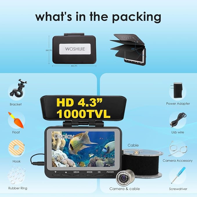 Underwater Fishing Camera, 140-Degrees Wide Angle 1200TVL Fish Finder 4.3" HD Portable Fishing Camera with 9pcs IR Lights for Boat, Lake, Ice Fishing(15M/50ft)