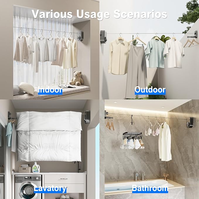 Mustorn Retractable Clothesline Indoor, Non-Sagging Outdoor Clothes Line Retracting Heavy Duty Clothes Drying Laundry Line Wall Mounted Stainless Steel Line-13.8 Feets (Single Line-Gray)