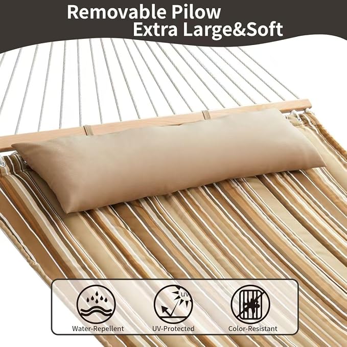 Double Quilted Fabric Hammock with Hardwood Spreader Bars and Pillow 450 LBS Capacity 2 Person Large Hammock for Outdoor Patio Backyard Poolside - Brown Stripe