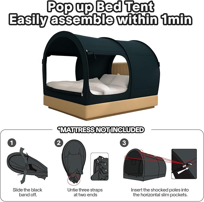 Alvantor® Canopy Bed Dream Privacy Space Full Sleeping Tents Indoor Pop Up Portable Frame Curtains Breathable Grey Cottage (Mattress Not Included) Reducing Light, Charcoal (2006)