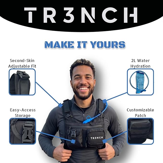 TR3NCH Tactical Running Vest with 2L Hydration Bladder, Adjustable Utility Chest Rig and Water Pack for Hiking and Hunting