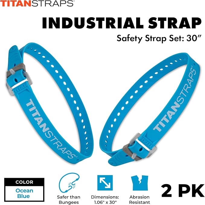 Titan Industrial Straps – Safety Strap Set to Secure Splits, Cargo Bikes, Garden Hoses, Wood Working Projects – 70 lb. Working Load, 30" Length, Fluoro Blue, 2-Pack