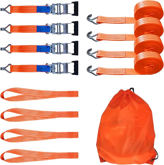Ratchet Straps Heavy Duty 4Pcs 2.3" x 20ft with 4 Helper Tie Down Ratchet Straps and Storage Bag, Galvanized Zinc Double J Hook for Trailer, Truck, Motorcycle, Cargo Moving - Orange