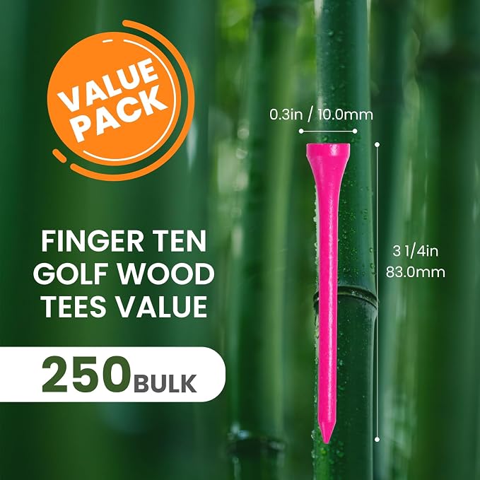 FINGER TEN Bamboo Golf Tees Wood 1 1/2 2 3/4 3 1/4 Inch Wooden Short Long Tee Color Bulk 250/500/1000/2000 Count for Men Women Kids in Red Pink USA Flag