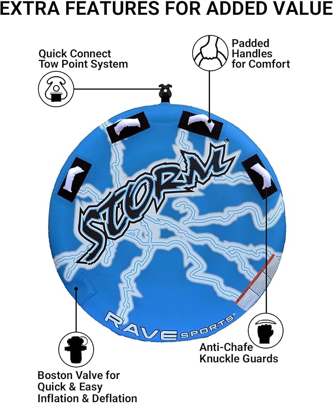 Rave Sports Storm Boat Towable Tube - Inflatable Boating Tube for 1-2 Riders - Heavy-Duty Inflatable Tube for Boats to Pull - Water Sports Towable with Quick Connect Tow Point System