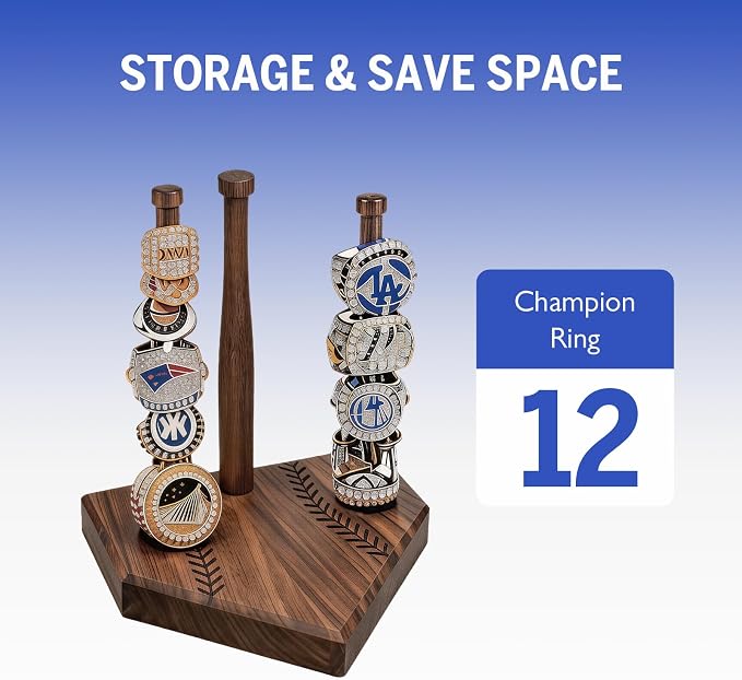 Walnut Wooden Baseball Ring Holder, Softball Championship Ring Organizer Display, Solid Wood Baseball Ring Holder Gift for Boys Girls, Baseball Accessories Storage - Three Poles