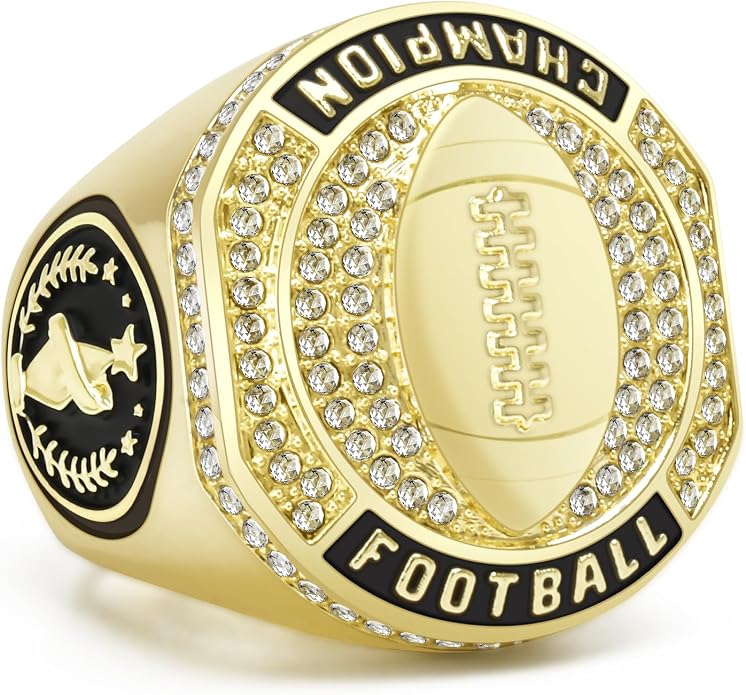 1-12 Pack MVP Football Baseball Basketball Soccer Champion Ring Championship Rings Most Valuable Player Football Baseball Basketball Soccer Gold Award Trophy Medals Ring with Display Case and Holder