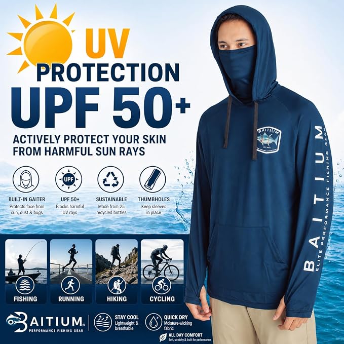Fishing Shirts for Men,UPF50 Hooded Long Sleeve with Gaiter, Sun Protection Dry Fit Apparel, Face Mask, Fishing Clothes