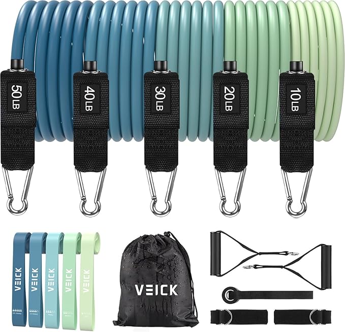 VEICK Resistance Bands Set, 10-150 LBS Stackable Exercise Bands with Handles, Ankle Straps & Door Anchor, Workout Bands for Home Gym, Yoga, Pilates, Physical Therapy for Men Women