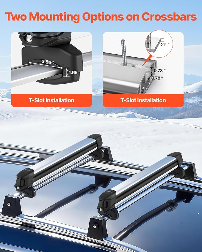 VEVOR Ski & Snowboard Roof Rack, Carry up to 6 Pairs of Skis or 4 Snowboards, 2 PCS Aluminum Universal Car Roof Rack Top Holder with Lock and Rubber Padding for Fishing Pole Rod, Fit Most Crossbars