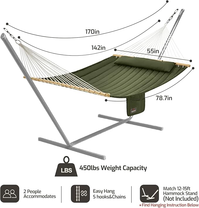 CHULIM Double Quilted Fabric Hammock with Hardwood Spreader Bars and Pillow 450 LBS Capacity 2 Person Large Hammock for Outdoor Patio Backyard Poolside - Green
