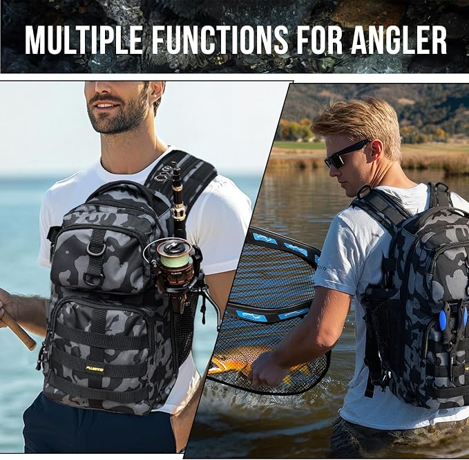 PLUSINNO Fishing Backpack with Floating Fishing Net, Tackle Boxes, Waterproof Sling Tackle Bag For Fish Gear With Rod Holder, Gifts for Men