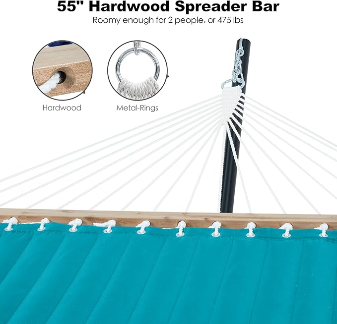 GAFETE Hammock 2 Person Quilted Fabric Hammocks for Outside, Double 12ft Hammocks with Spreader Bar, Large Removable Pillow, Storage Bag, Carabiners, Max 475 lbs Capacity (Canyon Creek Aqua)