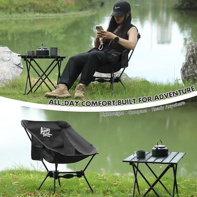 AuroraTrail Ultralight Backpacking Camping Chair – Only 2.7 lb, Supports 330 lb, Compact Folding Outdoor Seat with Carry Bag, 7075 Aluminum Frame for Hiking, Camping & Festivals (Black)