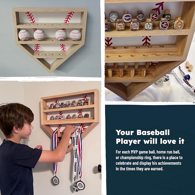 Baseball Championship Ring Display Case – Fully Customizable Baseball Ring Holder with 39 Removable Pegs & 3 Shelves – Gifts for Kids – Designed in the U.S.
