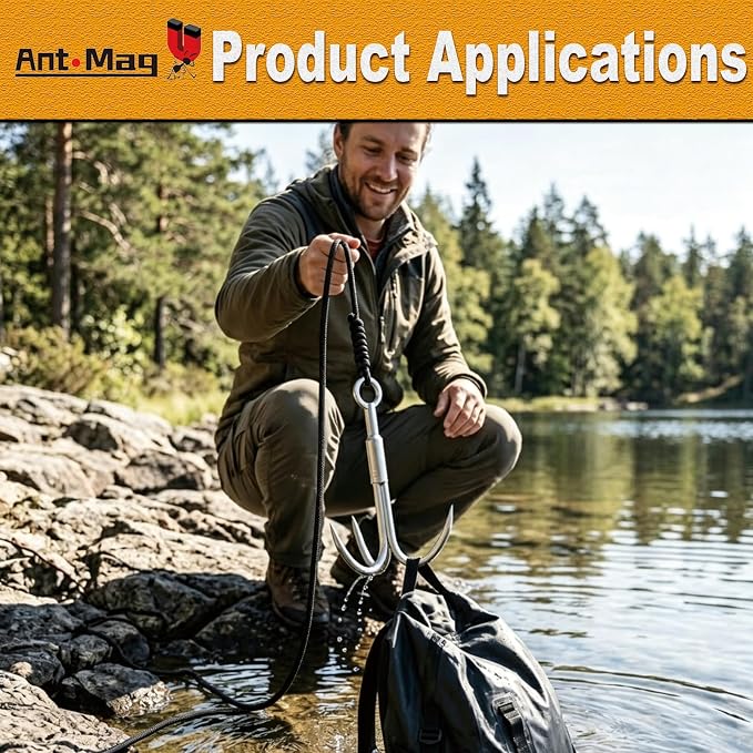 Ant Mag Grappling Hook with Claw Tips - Heavy Duty Stainless Steel Carabiner for Camping, Hiking, Tree Climbing, Water Retrieval & Salvage Operations