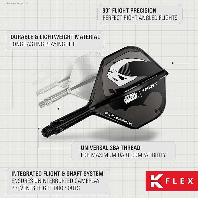 Target Darts Star Wars Mandalorian K Flex Integrated Dart Flights & Shafts | Character Inspired Pack of 3 K-Flex, No.2 & No.6 | Short, Intermediate & Medium Disney Kflex Accessories