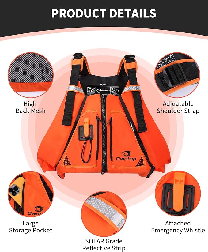 Owntop Adult Swim Vest - Adjustable Safety Strap & Premium Buoyancy for Paddle Sports, Kayaking, Canoeing, Boating