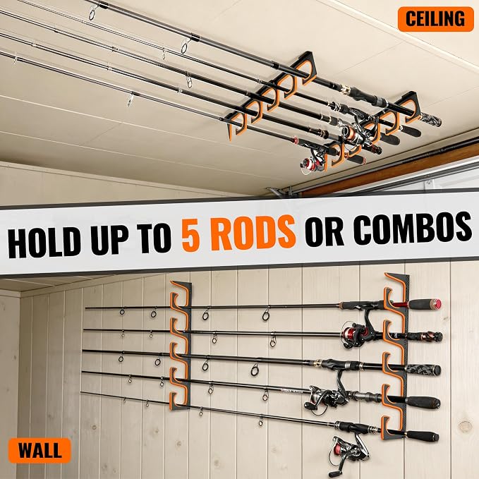 PLUSINNO H5P Fishing Rod/Pole Holders for Garage, Fishing Rod Holder Ceiling or Wall Mounted Rod Rack, Fishing Gear Equipment Storage Organizer Holds up to 5 Rods or Combos or Nets
