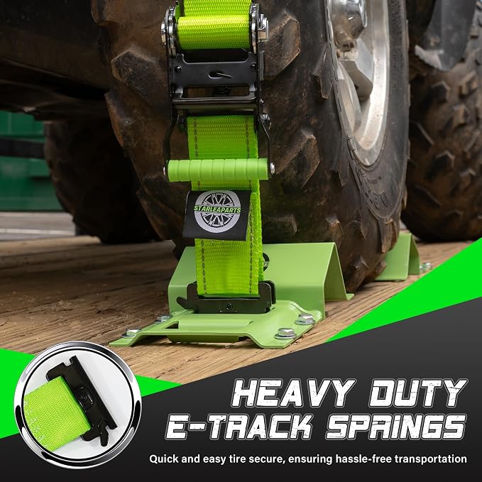 Heavy Duty Wheel Chock Tie Down Straps Set (2PK) - 4,400lb Guaranteed Max Break Strength, (2) 2" x 8' Trailer Tire Straps with (4) Wheel Chocks for ATV, UTV or Tractors