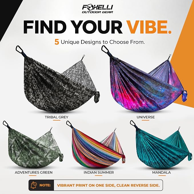 Foxelli Camping Hammock – Ultralight Hammock for Backpacking, Hiking, Festivals, Travel - Easy Setup with Tree-Friendly Ropes & Steel Carabiners, Heavy Duty Parachute Nylon