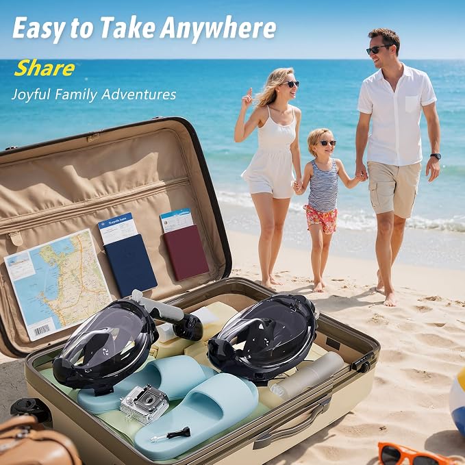Greatever G2 Adults Kids Full Face Snorkel Mask 2 Pcs,Snorkeling Gear with Latest Dry Top System,Foldable 180 Degree Panoramic View,Safe Breathing,Anti-Leak&Anti-Fog Snorkeling Mask with Camera Mount