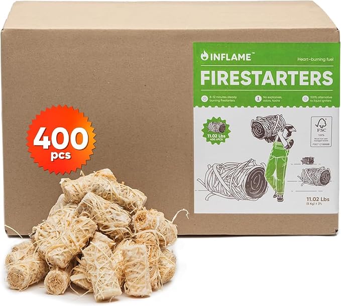 Inflame Fire Starters 400 pcs - Fire Starters for Campfires, Charcoal, Grill, BBQ, Fireplace, Chimney, Woodstove - Waterproof, Weather-Resistant - Natural Wood Starters