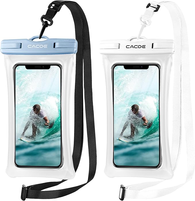 CACOE [Floatable] Floating Universal Waterproof Phone Case 2 Pcs-Up to 7.0",Waterproof Phone Pouch with Adjustable Neck Lanyard,IPX8 Cellphone Dry Bags for Beach Pool Swimming（White+Blue）