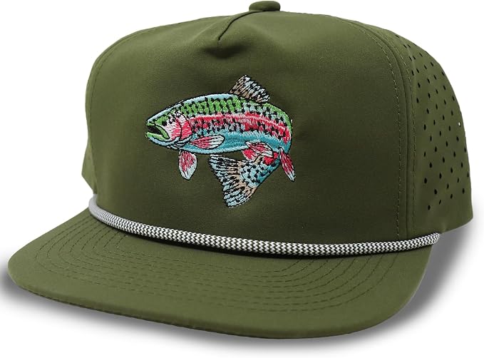 Trout Hat for Men - Dri-Fit Snapback Fishing Cap with Embroidered Rainbow Trout - Performance Laser Back Hat