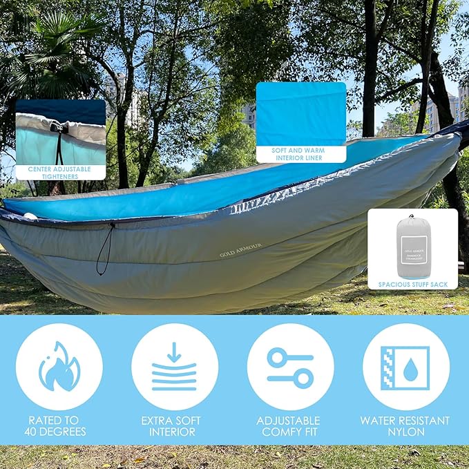 Gold Armour Hammock Underquilt for Single Hammocks and Double Hammocks, Insulated Warm Underquilt - Essential Camping Equipment Gear Under Quilts for Hammock (Grey&Sky Blue)