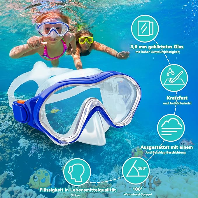 Snorkeling Gear for Kids with Foldable Silicone Full Dry Snorkel, Kids Snorkel Set Anti Leak Youth Junior Snorkeling Package Diving Mask Soft Tube with Mesh Bag Scuba Swimming Goggles
