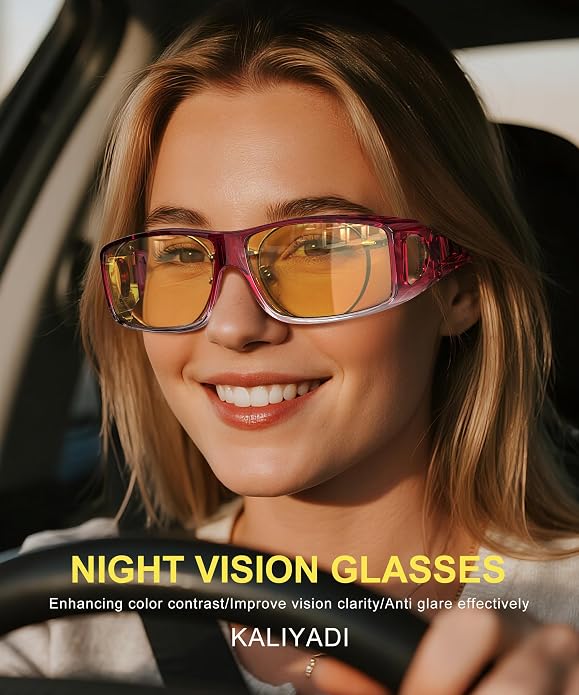 KALIYADI Night-Vision-Glasses Fit-Over-Glasses Wrap-Around Glasses: Anti Glare Night Driving Glasses for men women HD Lens
