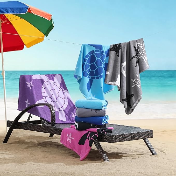 Belista Oversized Beach Towels 4 Pack,40”x70” Microfiber Thin Large Beach Towel Set for Adults Travel Camping Swimming,Turtle Starfish Them Sand Free Quick Dry Lightweight XL Pool Towels -Gray & Blue